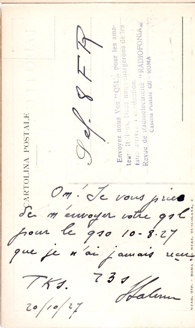 Back of QSL card 1CY