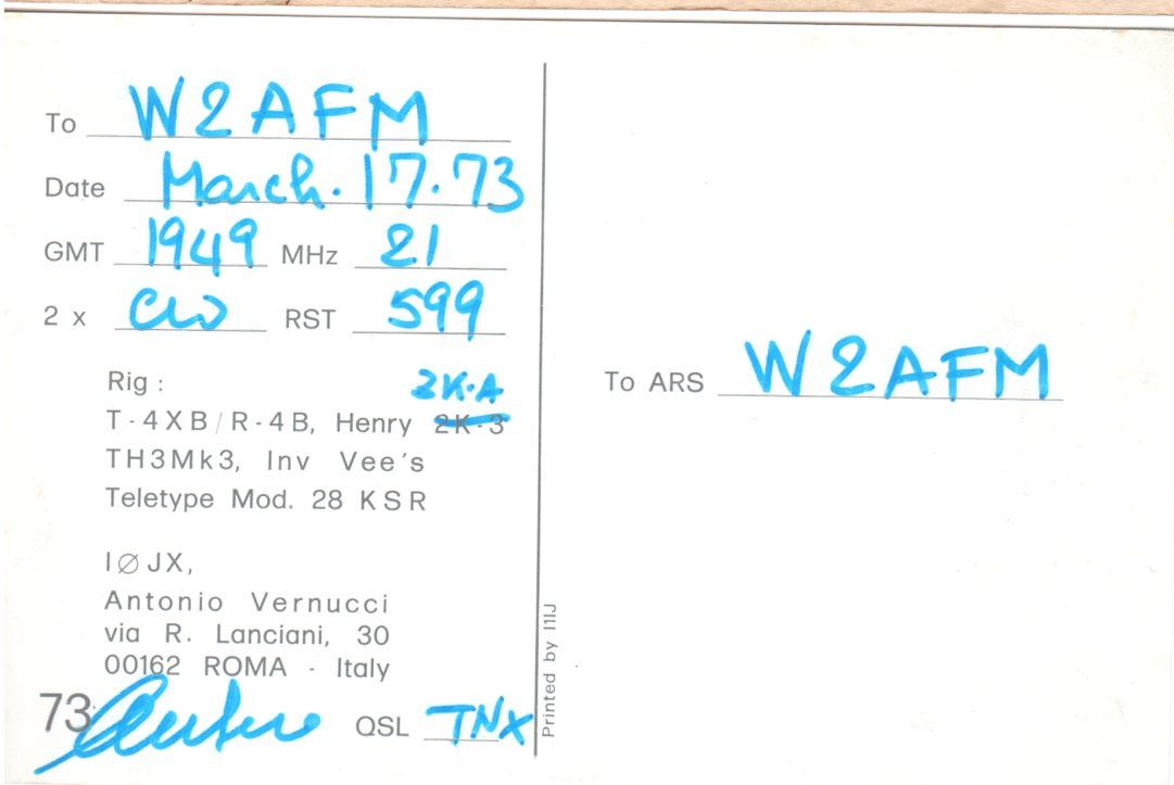 Back of QSL card I0JX