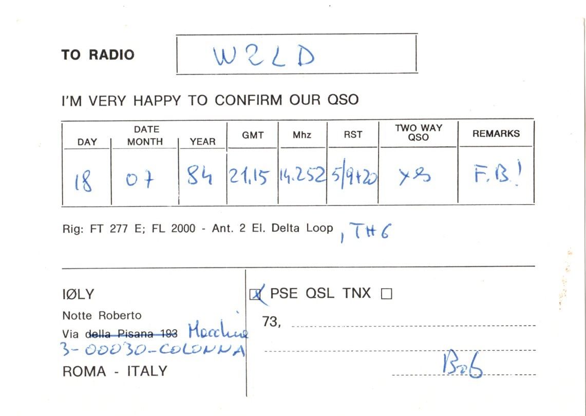 Back of QSL card I0LY