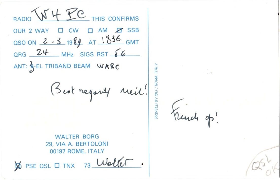 Back of QSL card I0MC