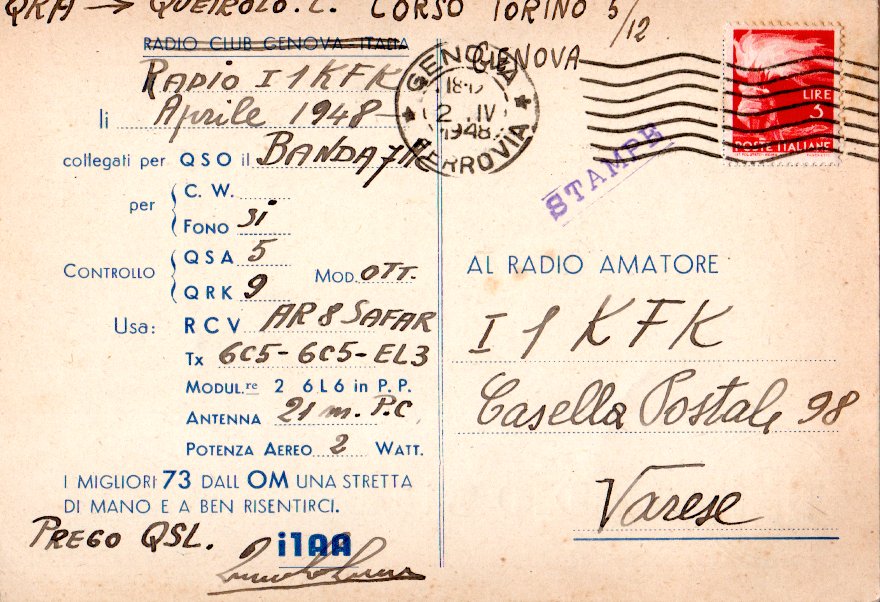 Back of QSL card I1AA