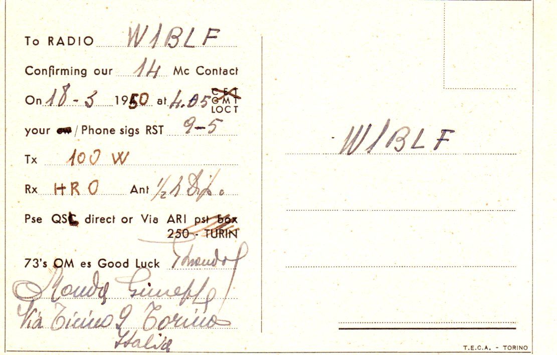 Back of QSL card I1AZ