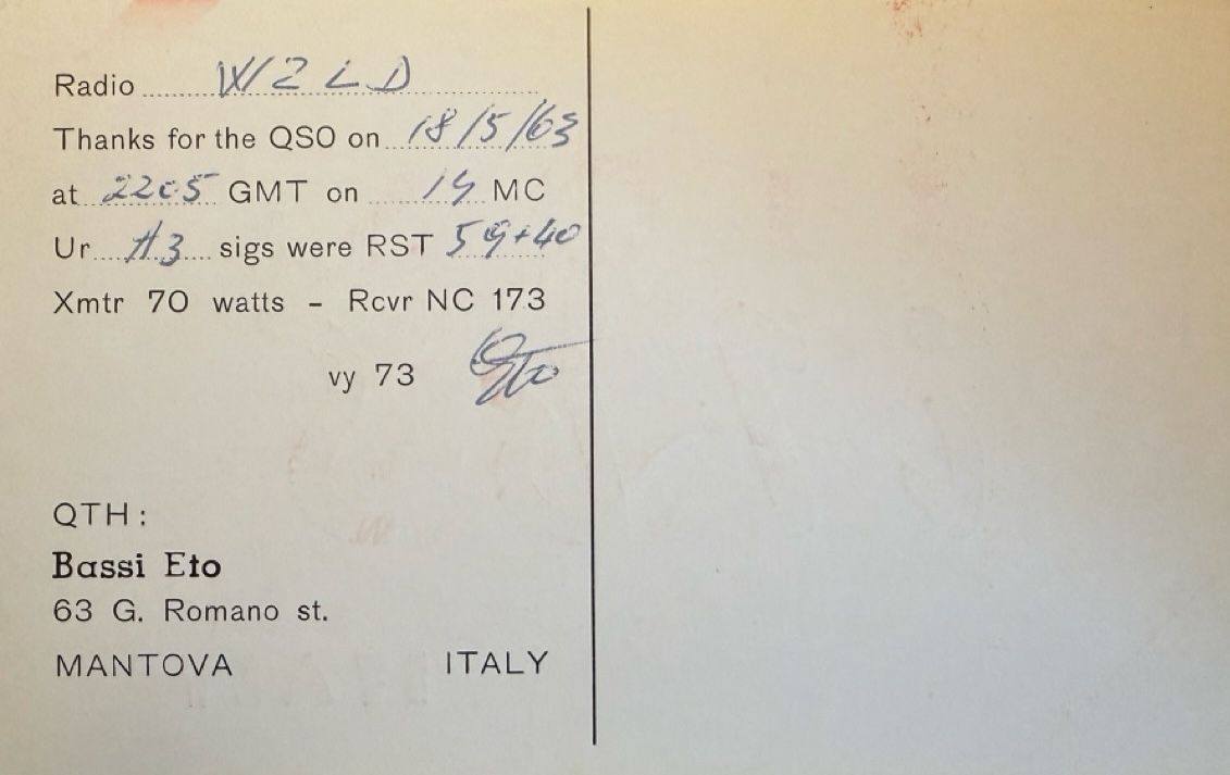 Back of QSL card I1BS