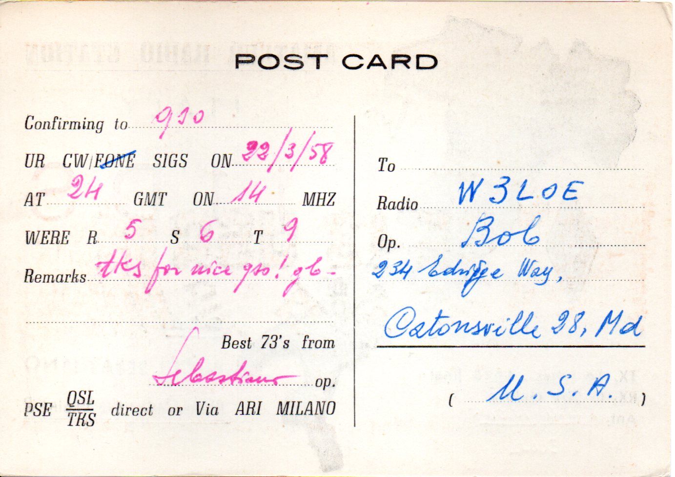 Back of QSL card I1DS