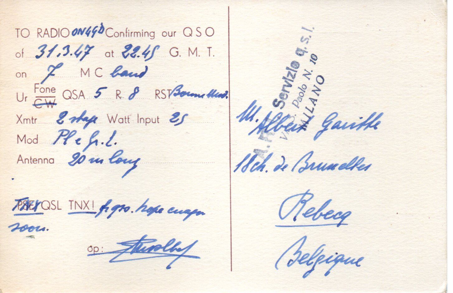 Back of QSL card I1FE