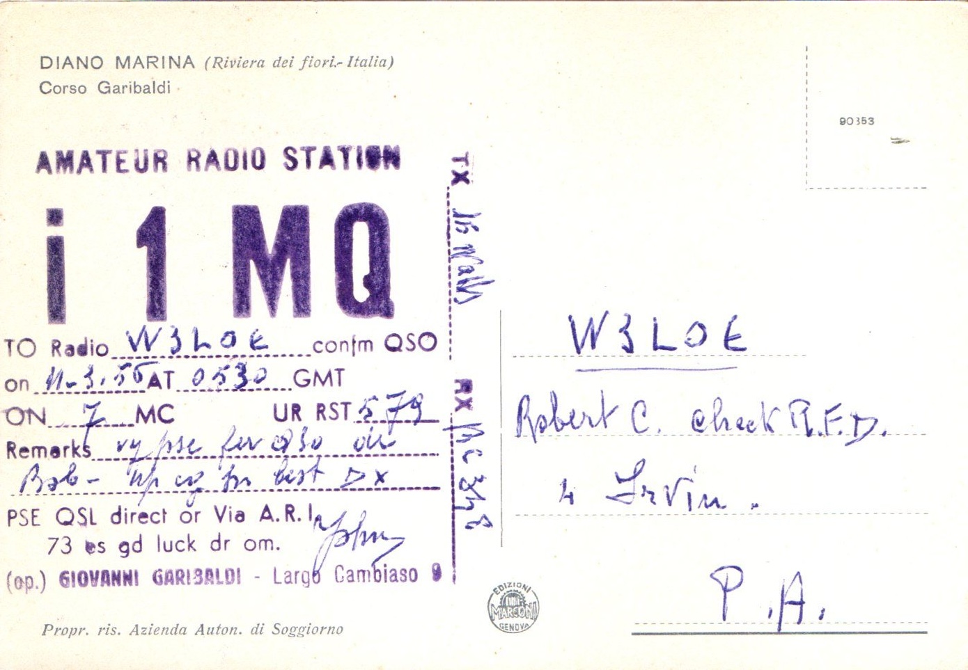 Back of QSL card I1MQ