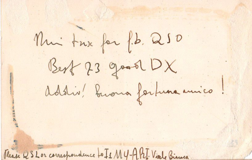 Back of QSL card I1MY