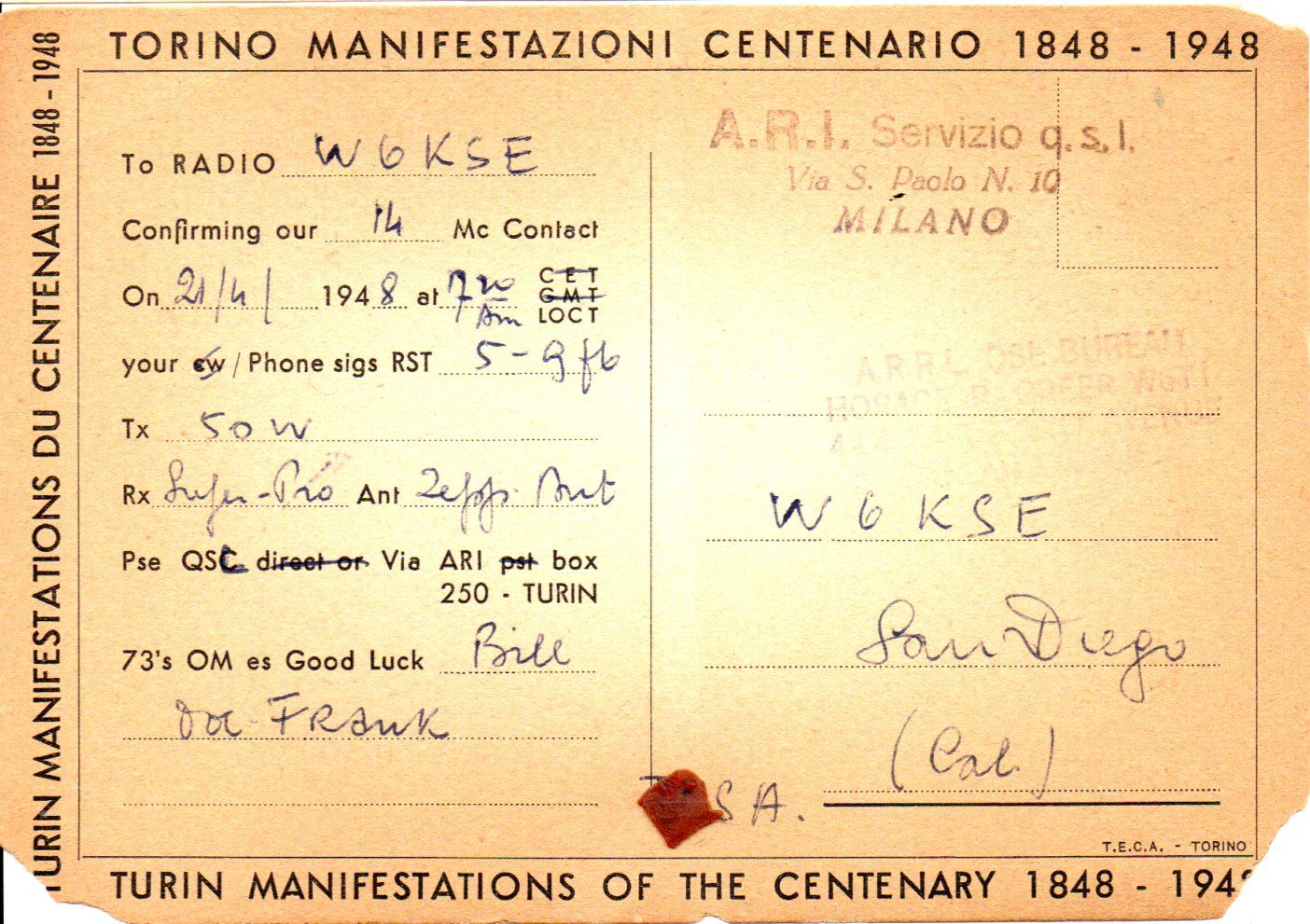 Back of QSL card I1NK