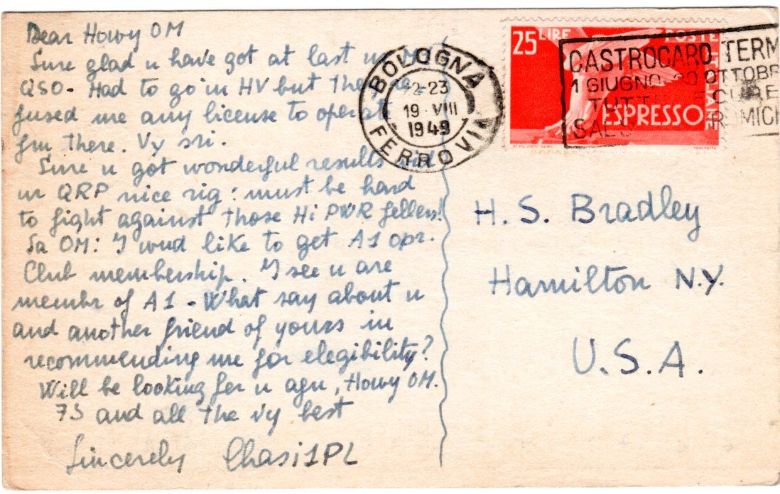 Back of QSL card I1PL