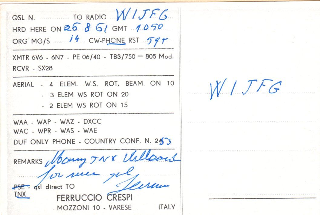 Back of QSL card I1SM