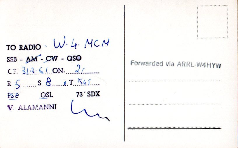 Back of QSL card I1UA