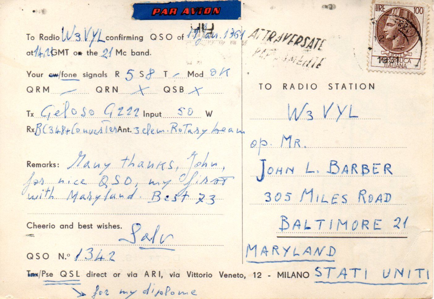 Back of QSL card I1WZ