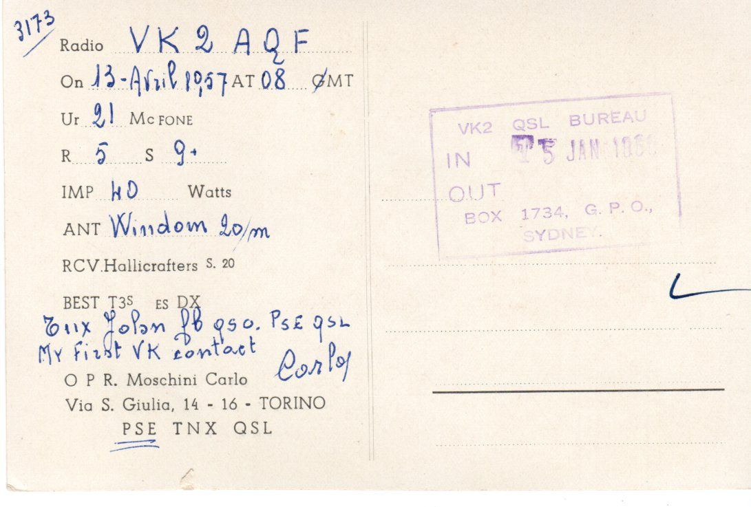 Back of QSL card I1XB