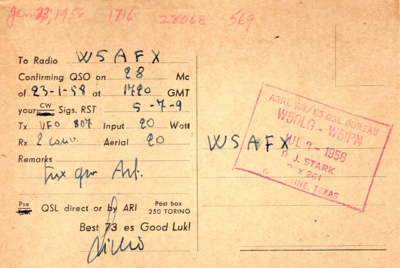 Back of QSL card I1ZL