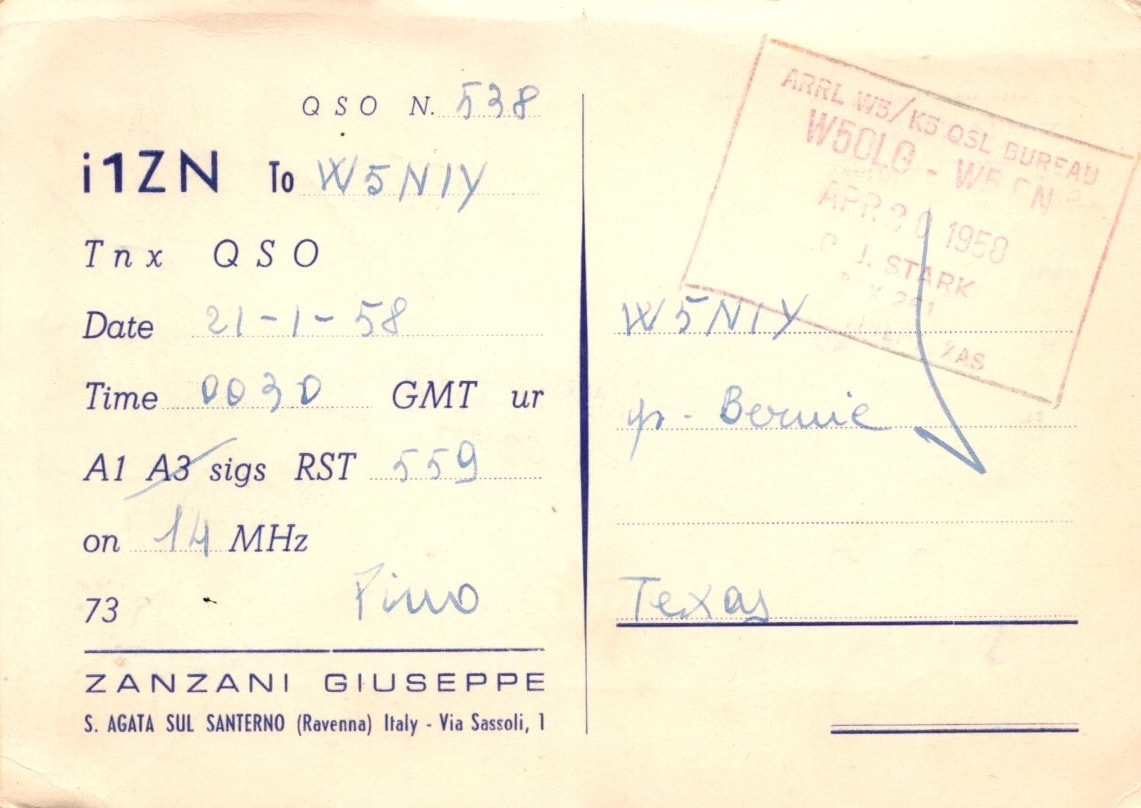 Back of QSL card I1ZN