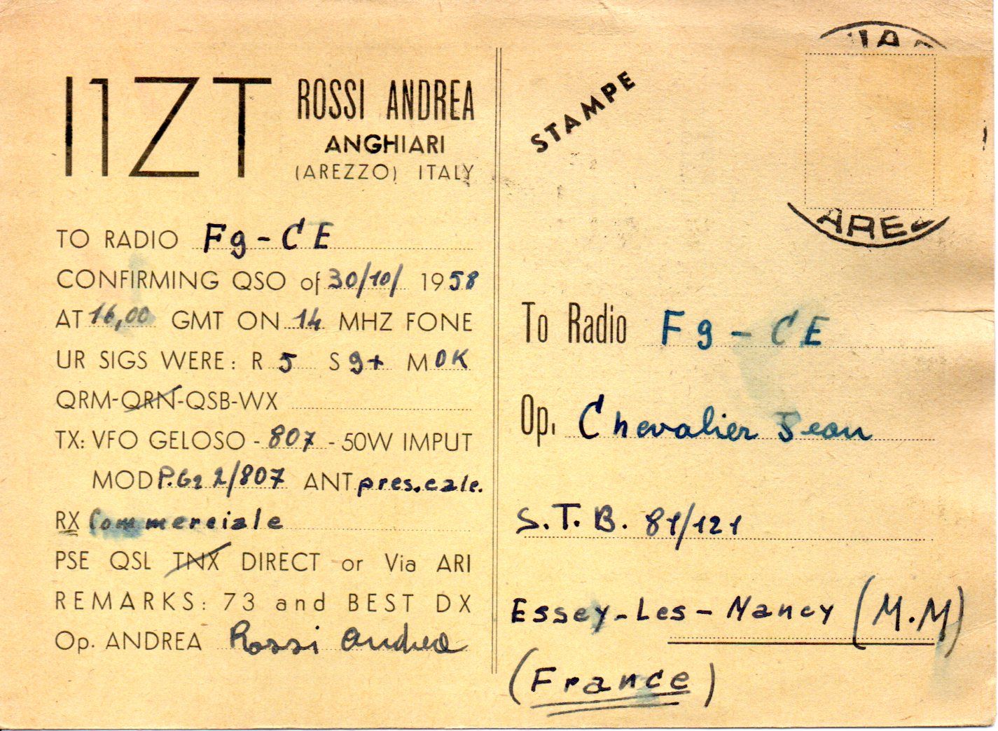 Back of QSL card I1ZT