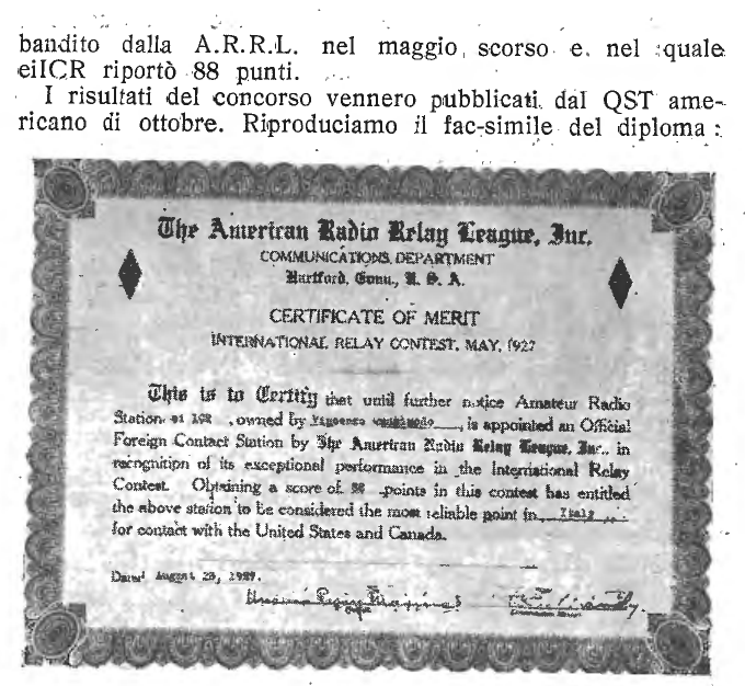 Il Radio Giornale, December 1927, page 21: the A.R.R.L. certificate of ei1CR